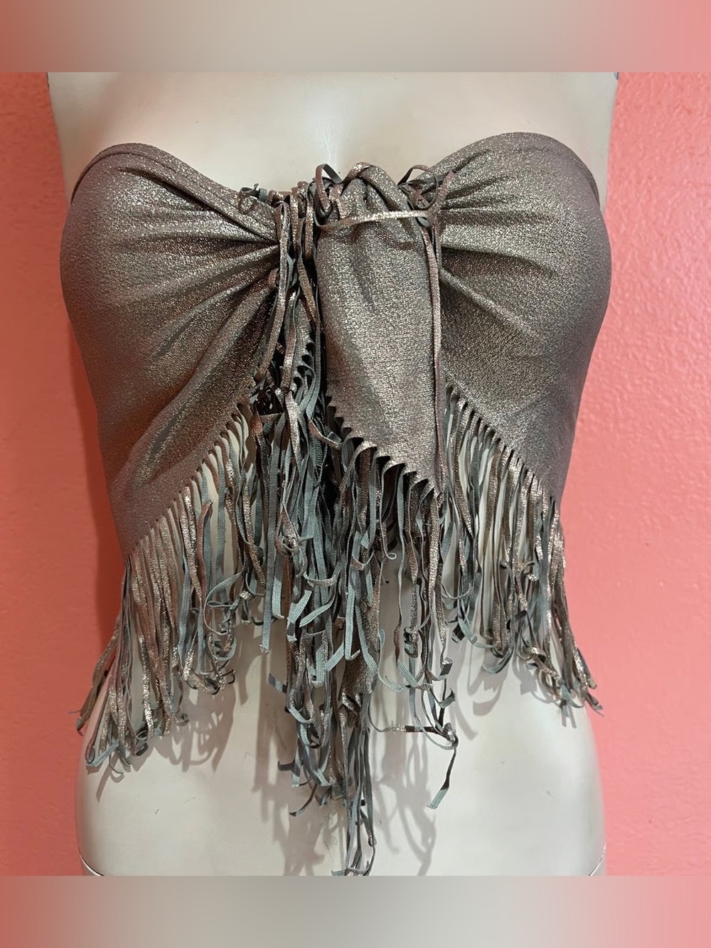 Beach Bunny Metallic Bronze Fringe Strapless Top